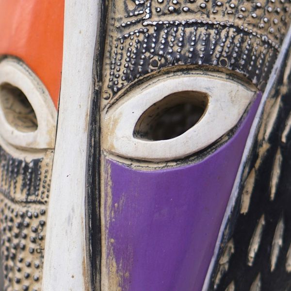 Alternate image for Hand-Painted African Sese Wood Mask with Aluminum Accents Sankofa Icon