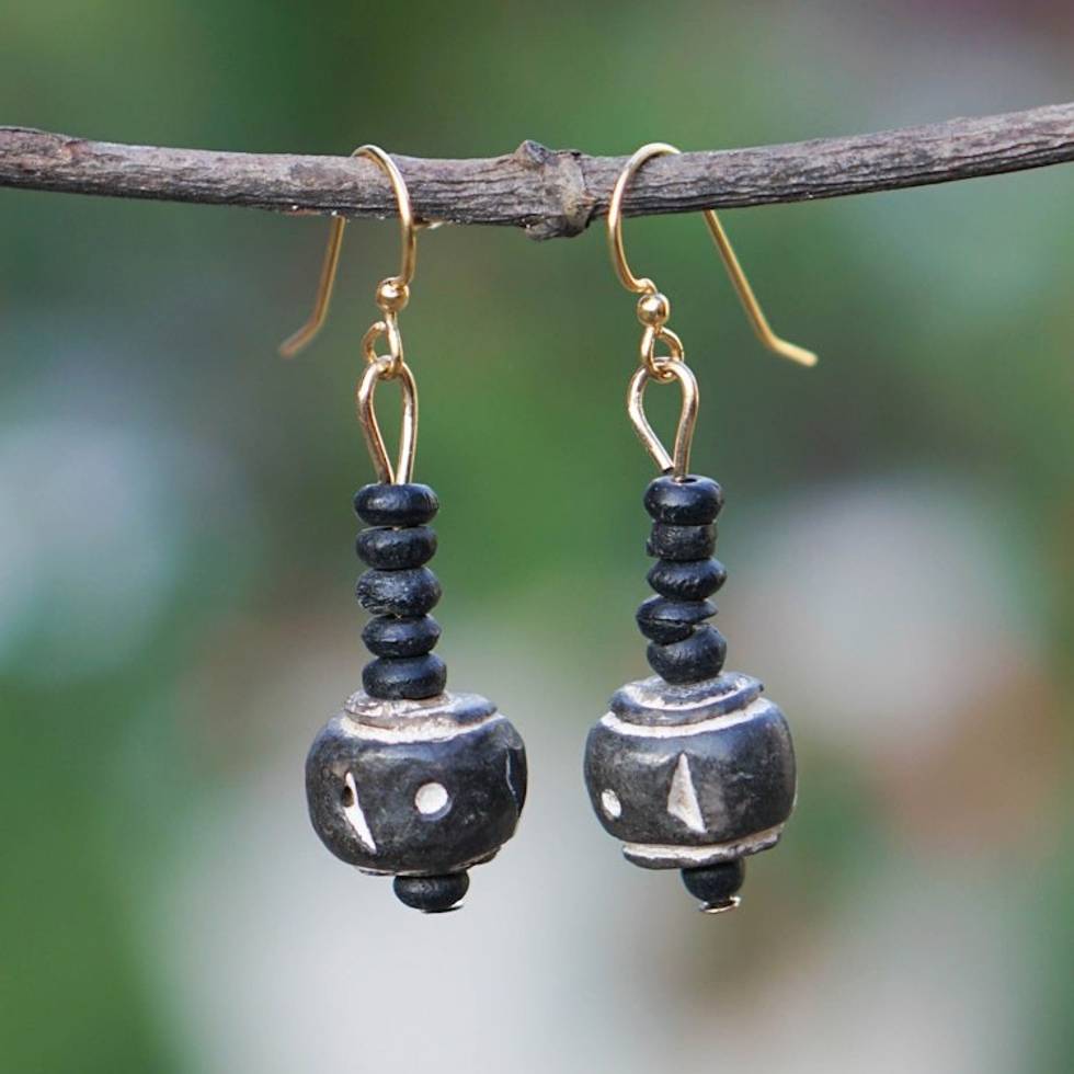 Natural Onyx and Terracotta Beaded Dangle Earrings 'Passion Desire'