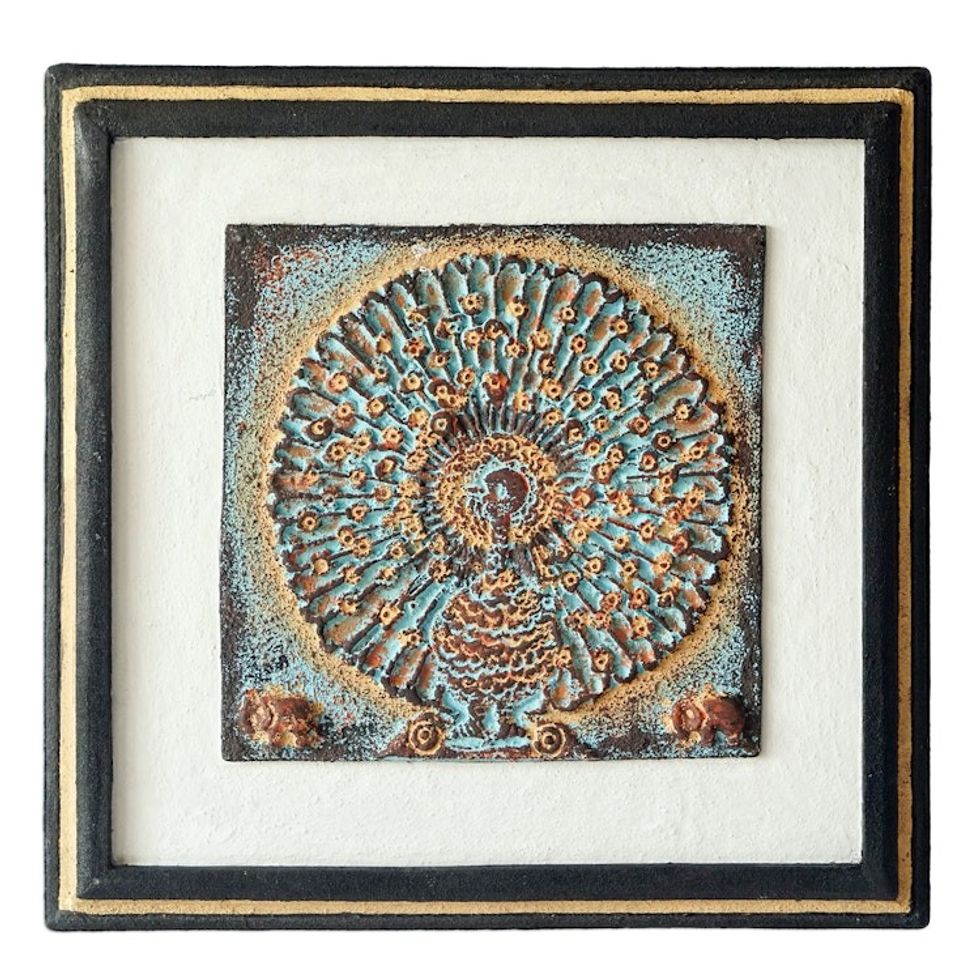 Peacock-Themed Sese Wood-Framed Quarry Dust Wall Art 'Peacock Nature'