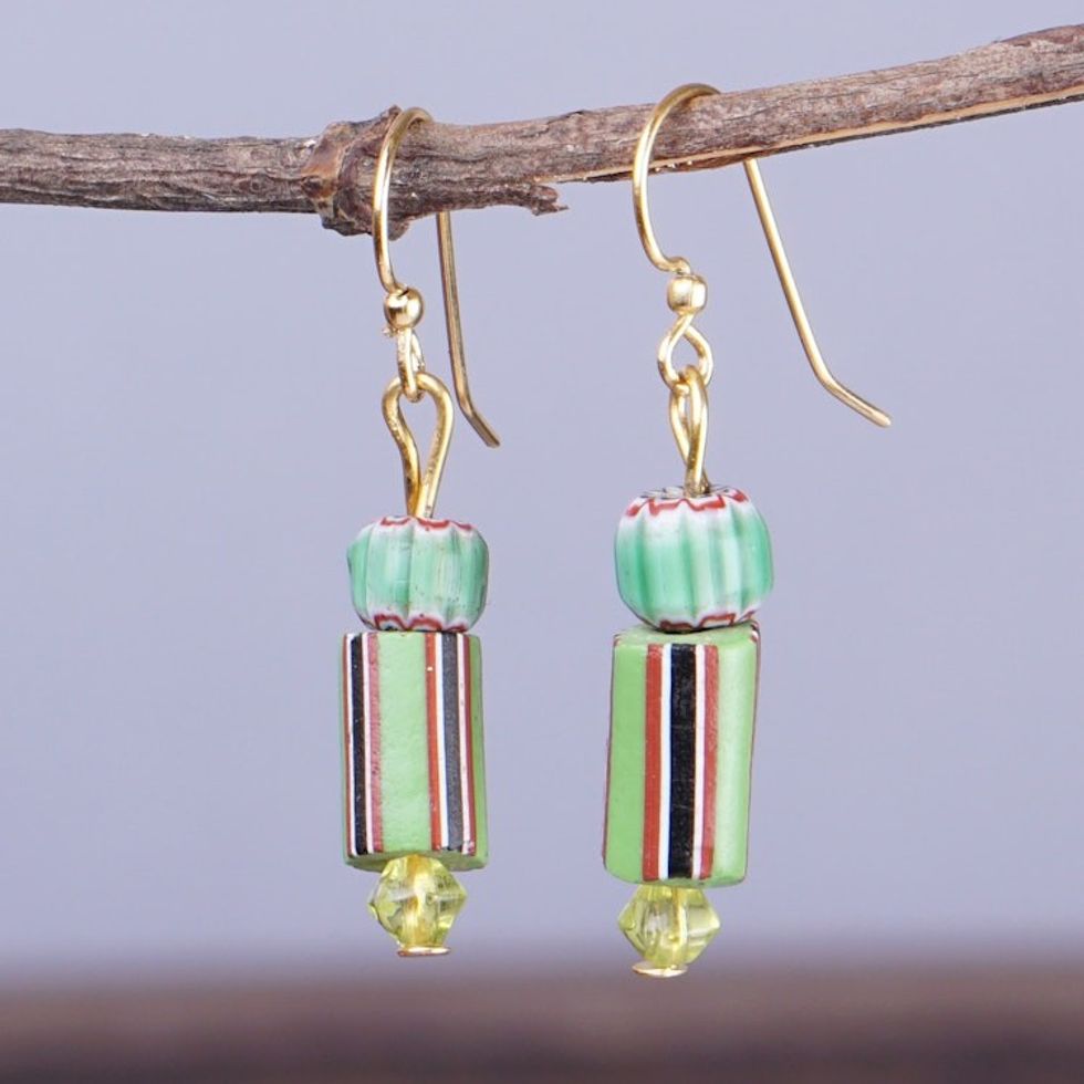 Green Striped Recycled Glass Beaded Dangle Earrings 'Adiagba'