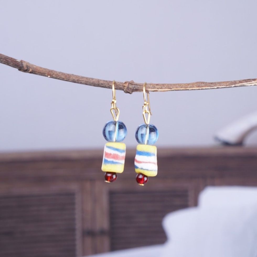Colorful Eco-Friendly Recycled Glass Beaded Dangle Earrings 'Dulcet Blue'