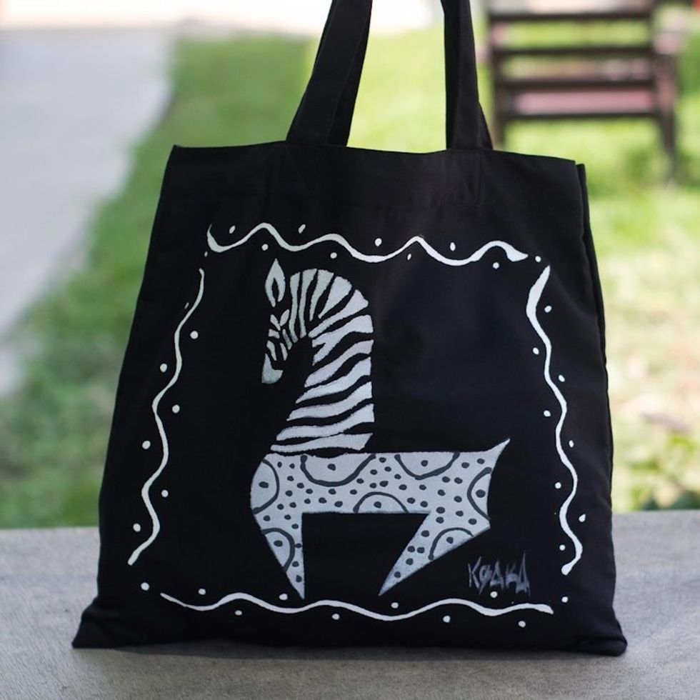 Black Cotton Zebra-Motif Tote Bag 'Dancing Zebra in Black'