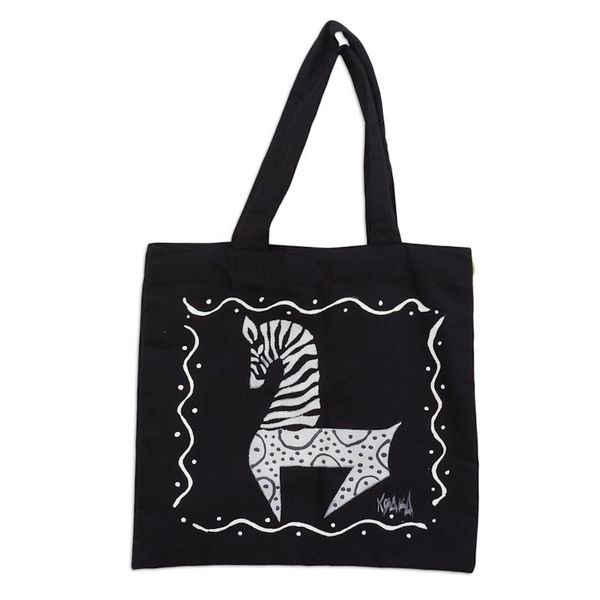 Alternate image for Black Cotton Zebra-Motif Tote Bag Dancing Zebra in Black