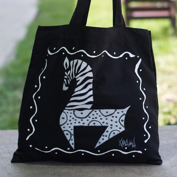 Alternate image for Black Cotton Zebra-Motif Tote Bag Dancing Zebra in Black