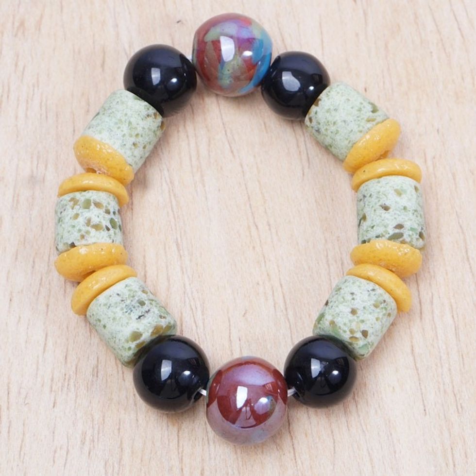Handmade Colorful Recycled Glass Beaded Stretch Bracelet 'Ghana's Honor'