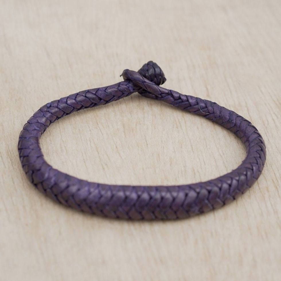 Handcrafted Braided Leather Bracelet in Purple 'Violet Grace'