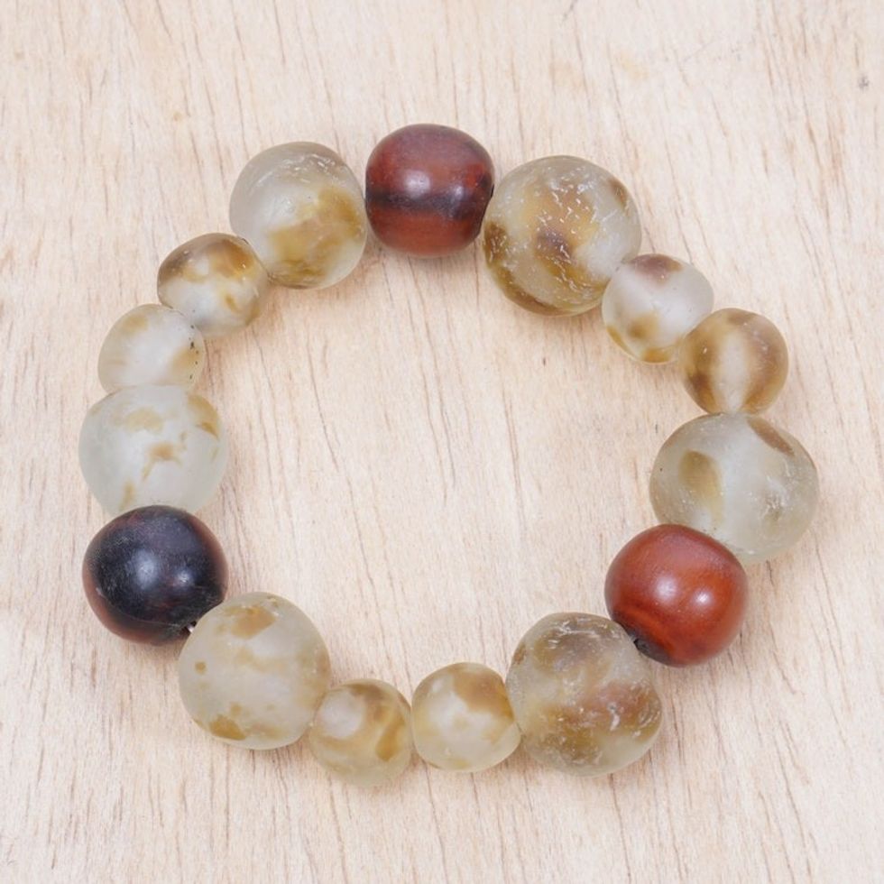 Handcrafted Green and Brown Beaded Stretch Bracelet 'Green Soul'