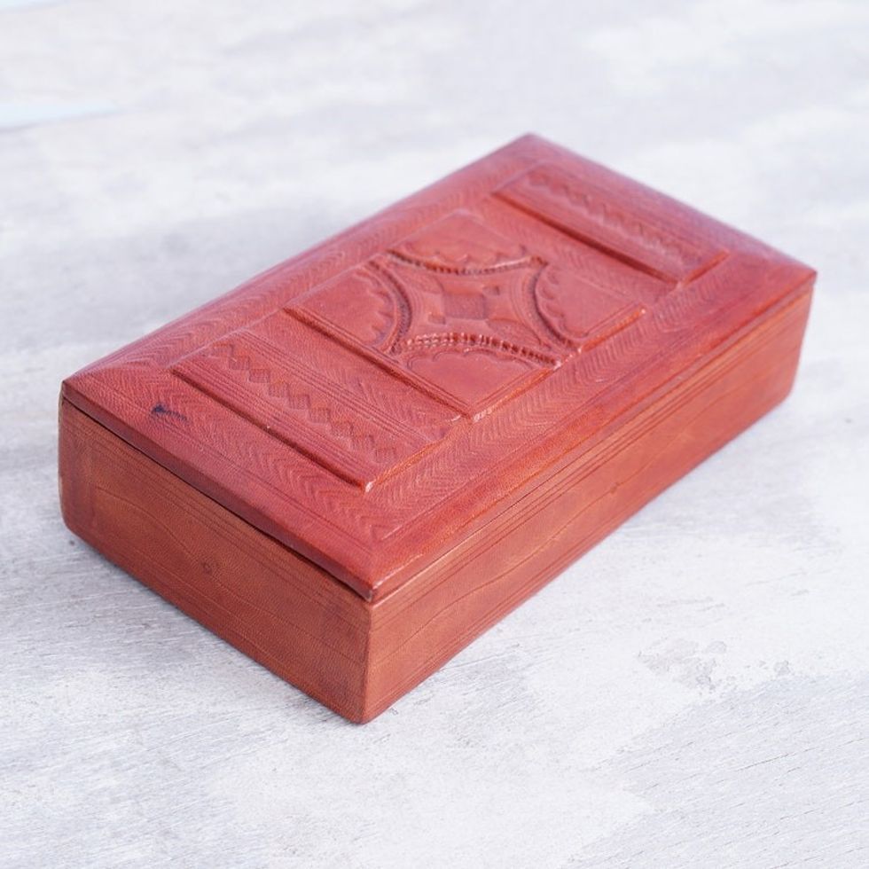 Traditional Handcrafted Leather and Sese Wood Jewelry Box 'New Grandeur'