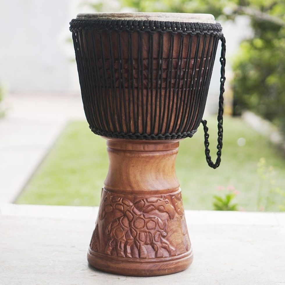 Wood Djembe Drum with Giraffe Hand-Carved Motifs from Ghana 'Giant of the Forest'