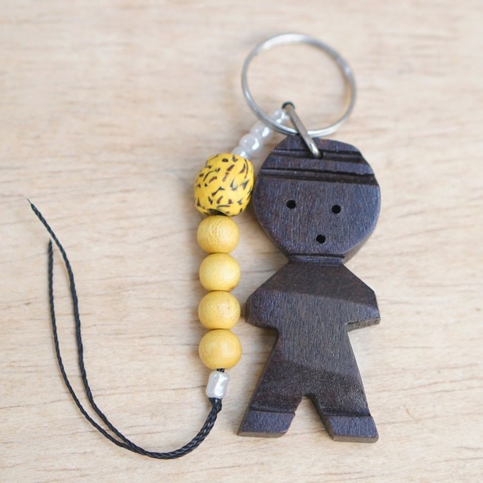 Ebony Doll Keychain with Recycled Glass and Wood Beads 'Doll'