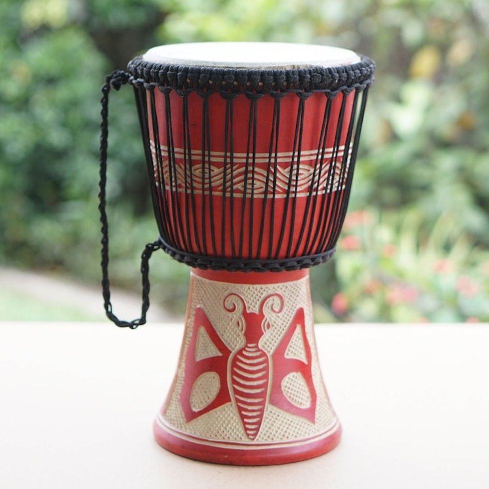 Butterfly-Themed Red Sese Wood and Goat Skin Djembe Drum 'Butterfly Beat'