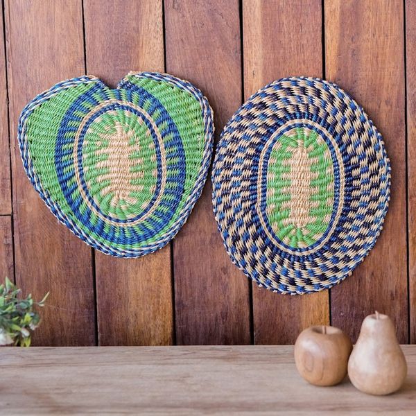 Alternate image for Set of 2 Handwoven Green and Blue Raffia Wall Accents Queens Love