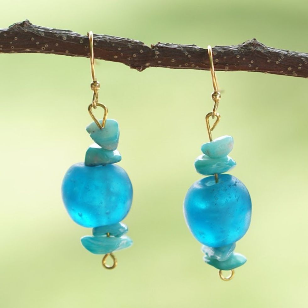Blue Recycled Glass Beaded Dangle Earrings from Ghana 'Odobi Ye-Guy'