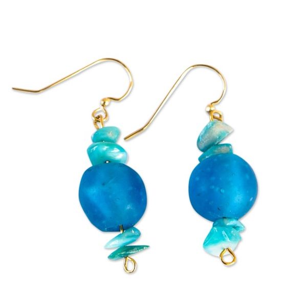 Alternate image for Blue Recycled Glass Beaded Dangle Earrings from Ghana Odobi Ye-Guy