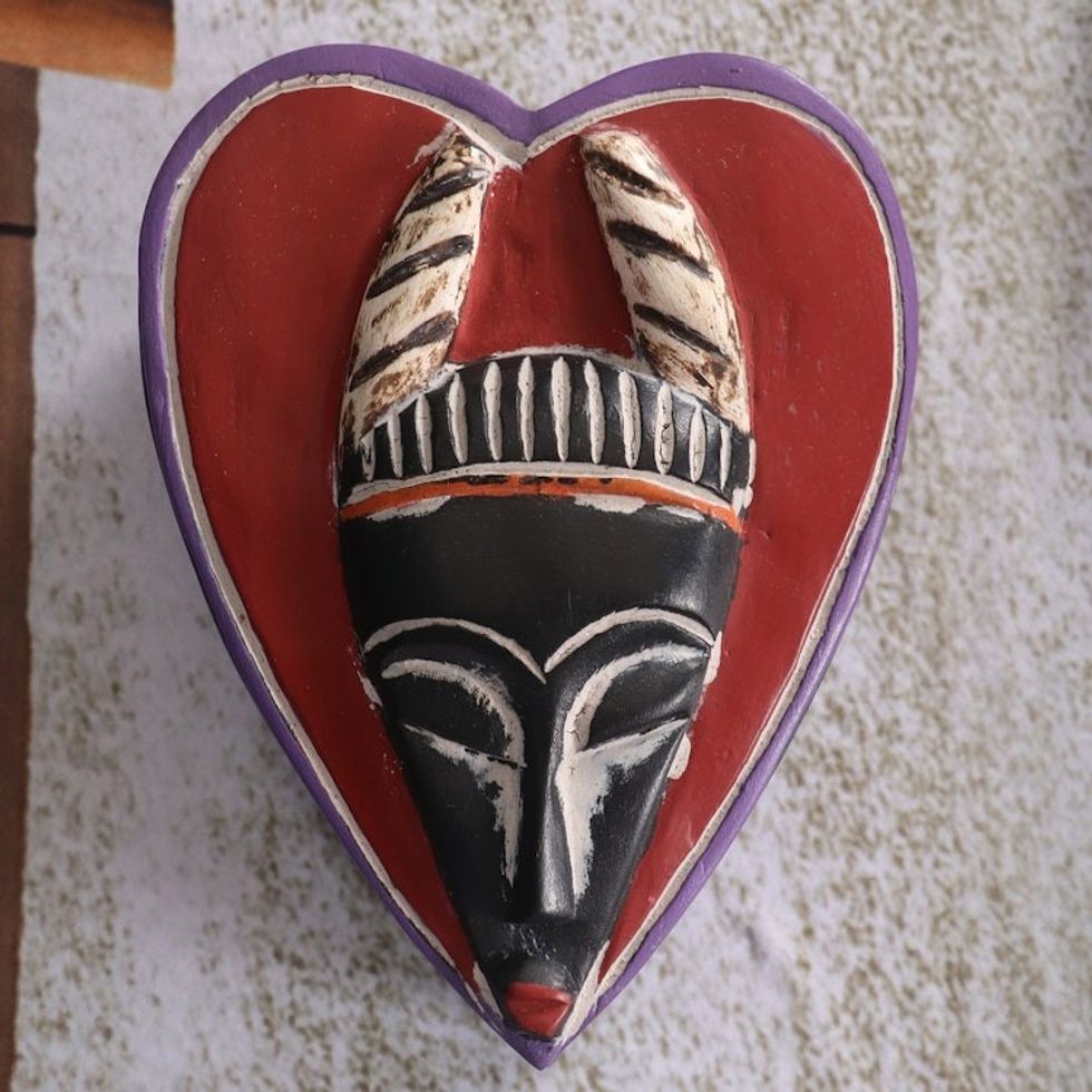 Hand-Painted Heart-Shaped Wood Jewelry Box with Mask Accent 'Love Mask'