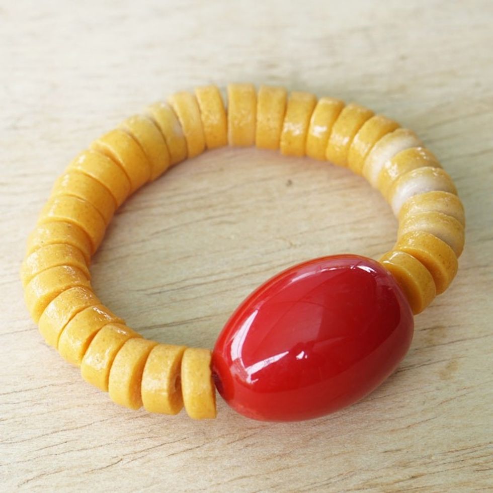 Recycled Glass Beaded Stretch Bracelet in Yellow and Red 'Red Friendship'