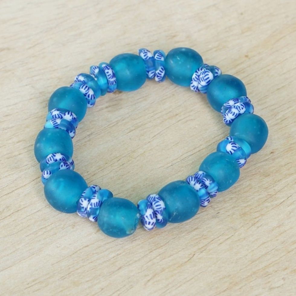 Recycled Glass Beaded Stretch Bracelet in Light Blue White 'Sky Bound'