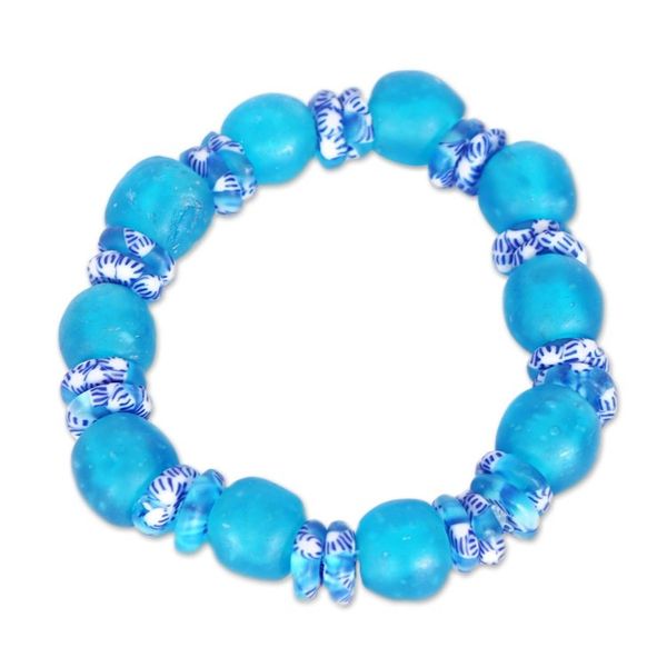 Alternate image for Recycled Glass Beaded Stretch Bracelet in Light Blue White Sky Bound