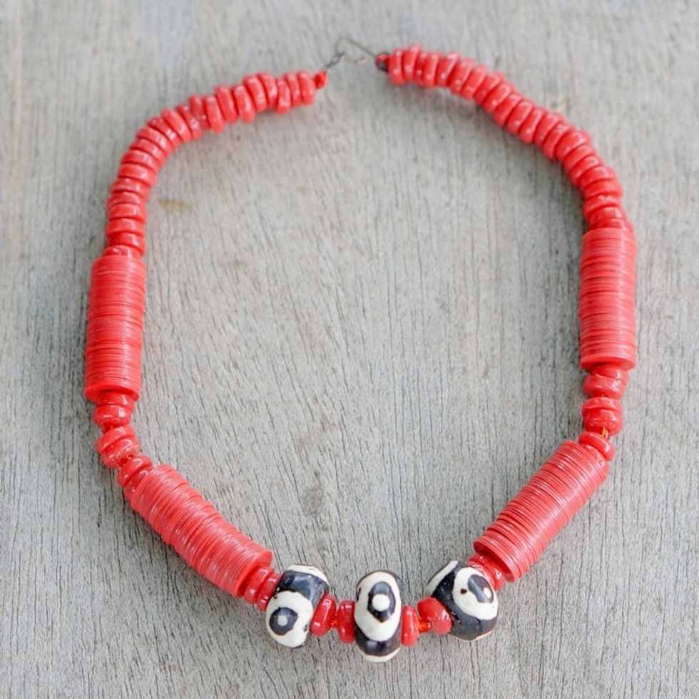 Red Recycled Glass Pendant Necklace Handcrafted in Ghana 'Yawa'