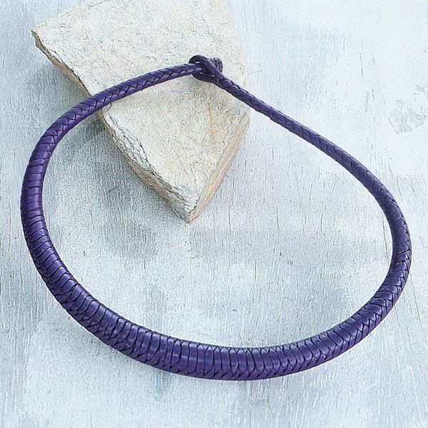 Alternate image for Handcrafted Braided Leather Necklace in Purple from Ghana Mpusia in Purple