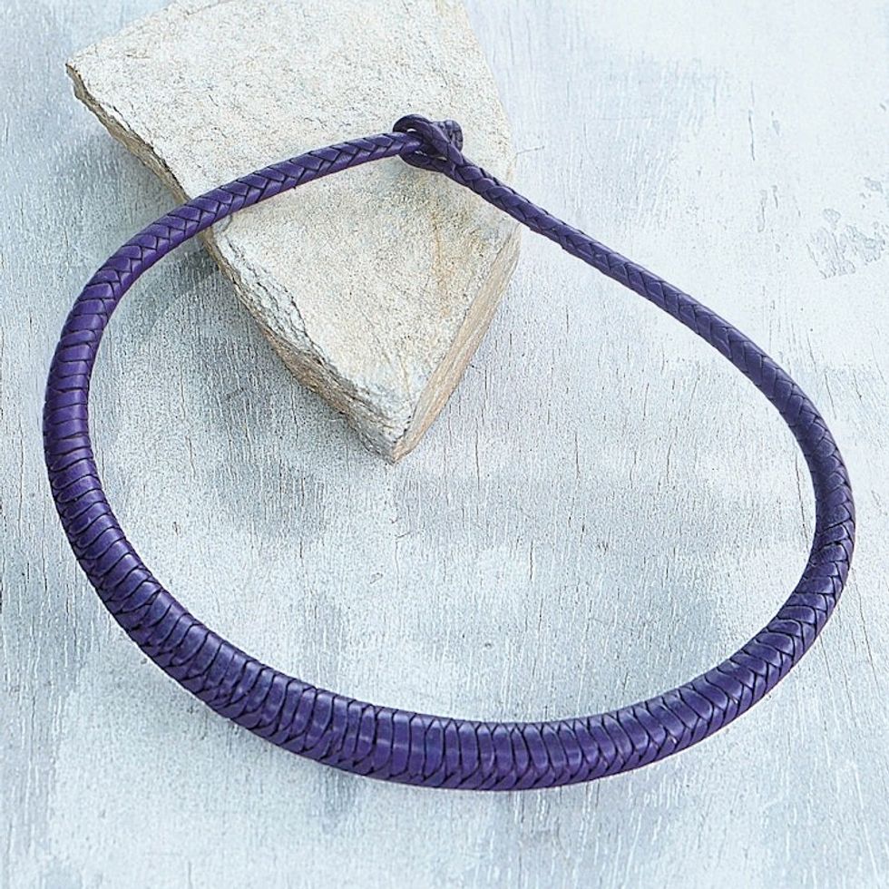 Handcrafted Braided Leather Necklace in Purple from Ghana 'Mpusia in Purple'
