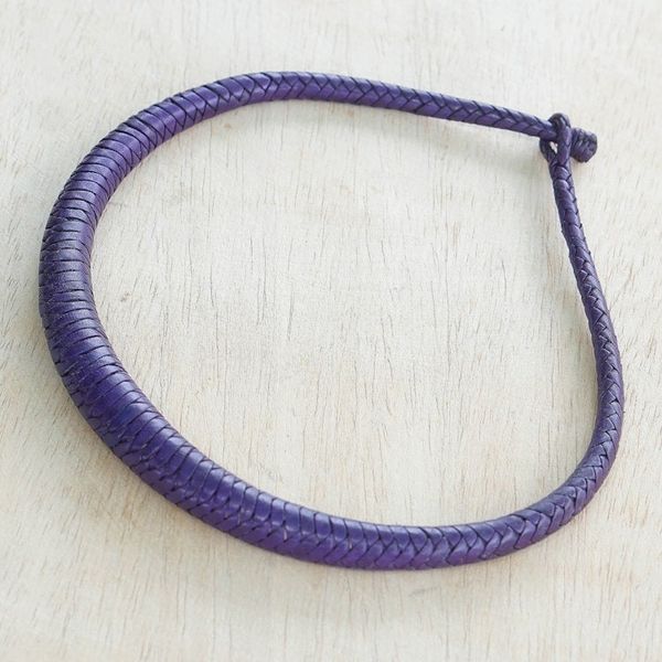 Alternate image for Handcrafted Braided Leather Necklace in Purple from Ghana Mpusia in Purple