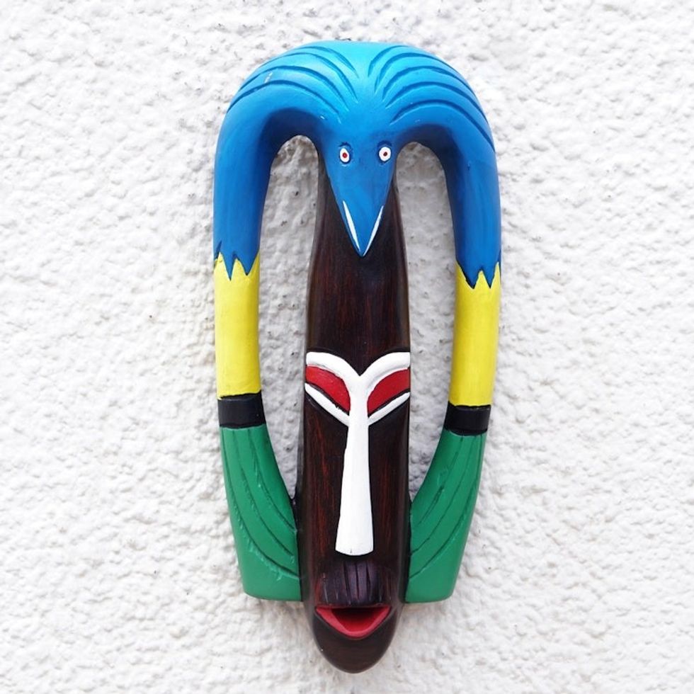 Hand-Painted African Wood Mask with Bird Accent on Top 'Bird Essence'