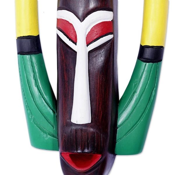 Alternate image for Hand-Painted African Wood Mask with Bird Accent on Top Bird Essence