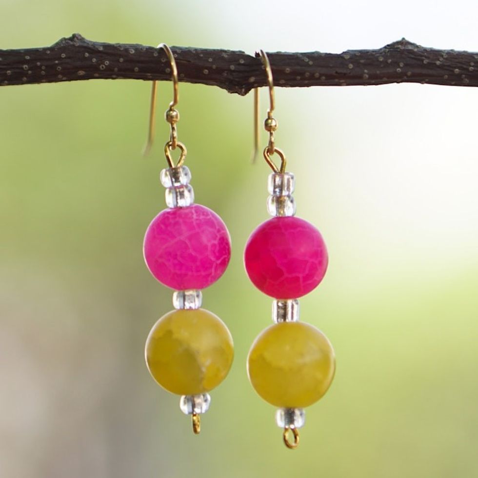 Fuchsia and Yellow Agate Dangle Earrings with Glass Beads 'Chic Cosmos'