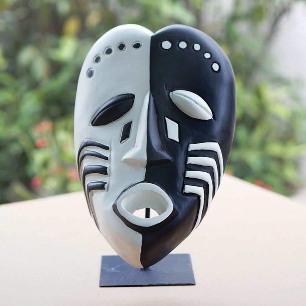Heart-Shaped Hand-Painted African Wood Mask on Steel Stand 'Love Essence'