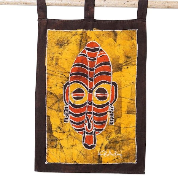 Alternate image for Yellow African Mask Cotton Wall Hanging from Ghana Patapaa