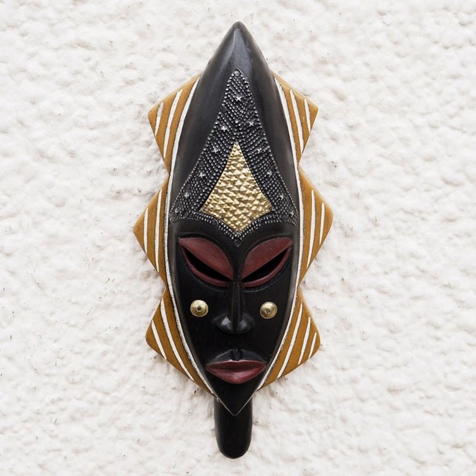 African Wood and Aluminum Mask Hand-Painted in Ghana 'Star of Beauty'