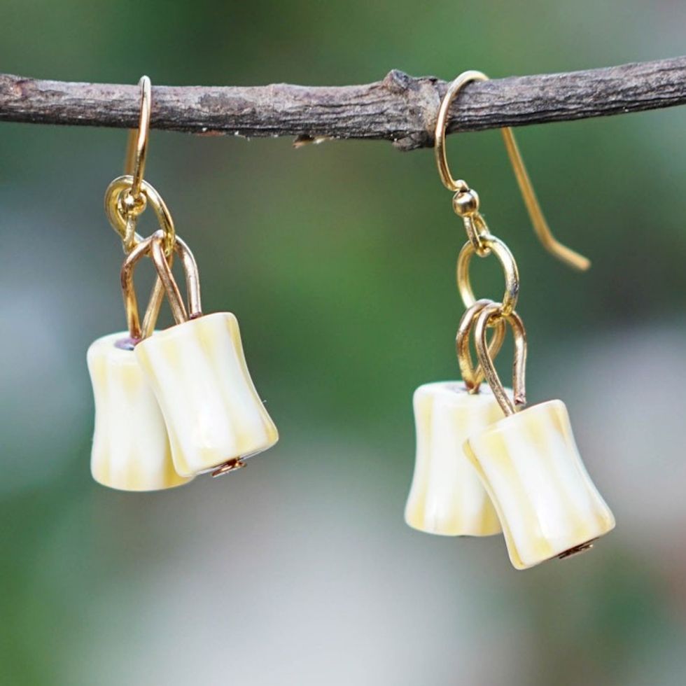 Ivory and Yellow Recycled Glass Beaded Dangle Earrings 'Ivory Days'