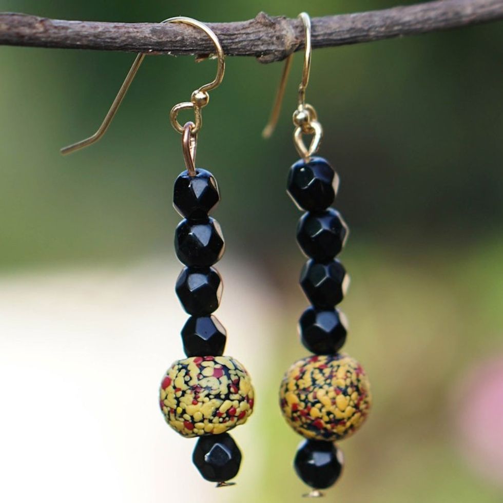 Handcrafted Onyx and Recycled Glass Beaded Dangle Earrings 'Sika Futro'