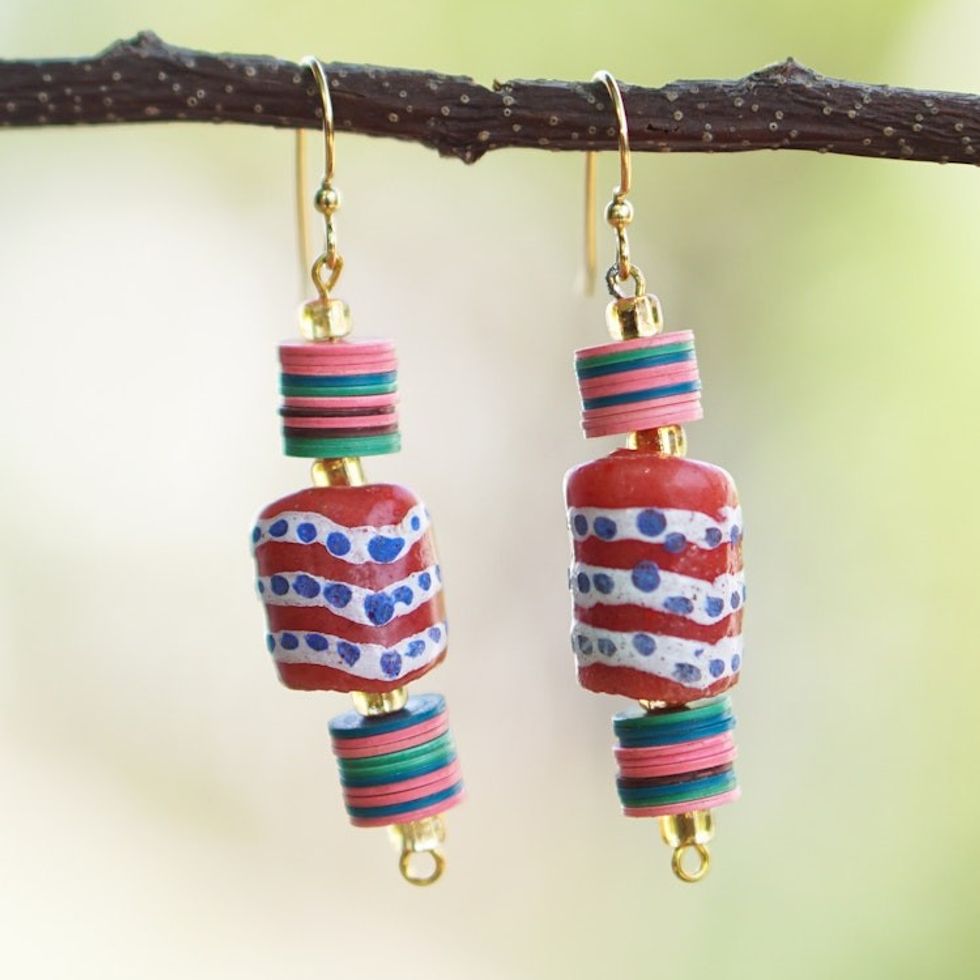 Colorful Recycled Plastic and Glass Beaded Dangle Earrings 'Euphoric Sense'