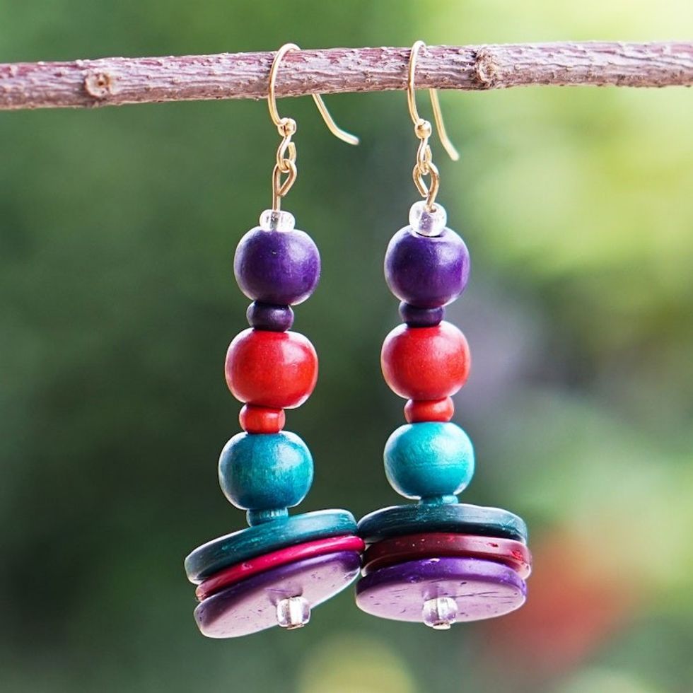 Colorful Coconut Shell and Wood Beaded Dangle Earrings 'Purple Style'