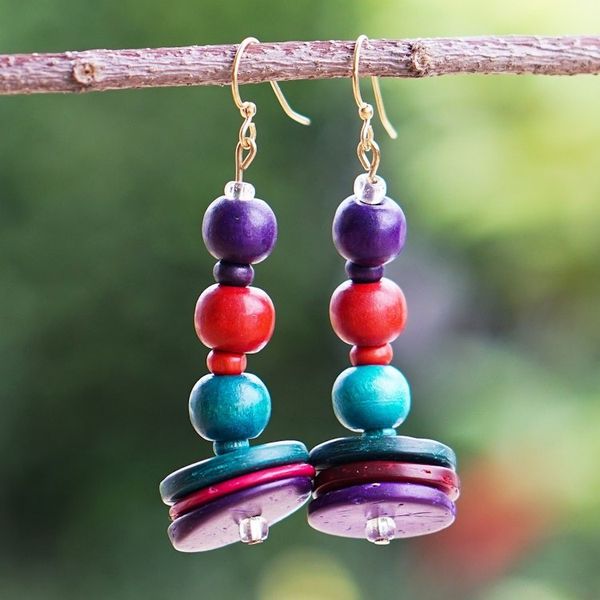 Alternate image for Colorful Coconut Shell and Wood Beaded Dangle Earrings Purple Style