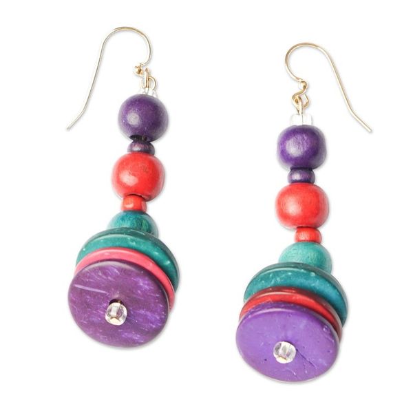 Alternate image for Colorful Coconut Shell and Wood Beaded Dangle Earrings Purple Style