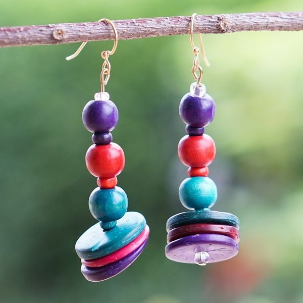 Alternate image for Colorful Coconut Shell and Wood Beaded Dangle Earrings Purple Style