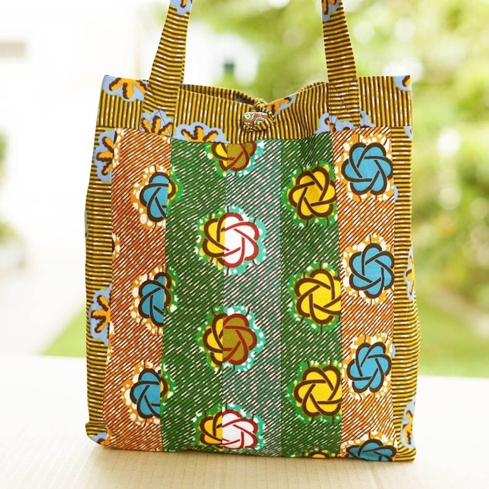 Handmade Patterned Yellow and Green Cotton Tote Bag 'Summer Lady'