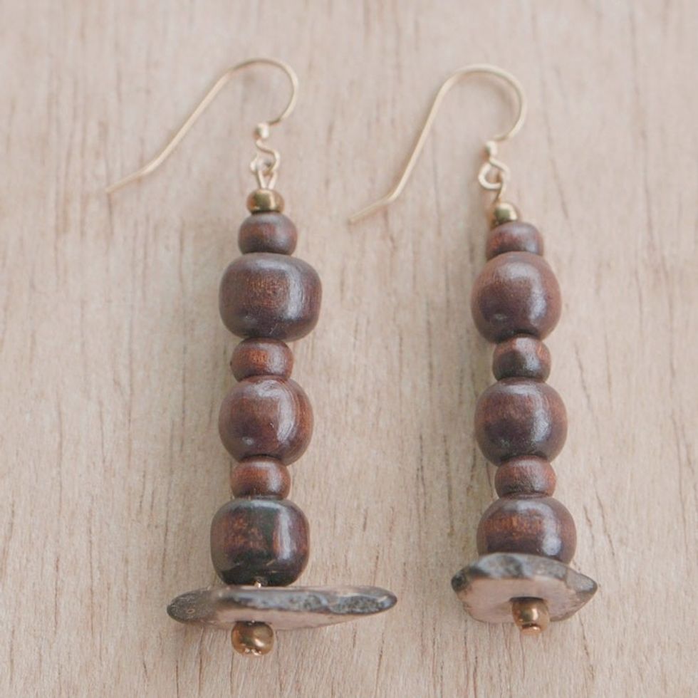 Handcrafted Sese Wood and Coconut Beaded Dangle Earrings 'Forest Blessing'