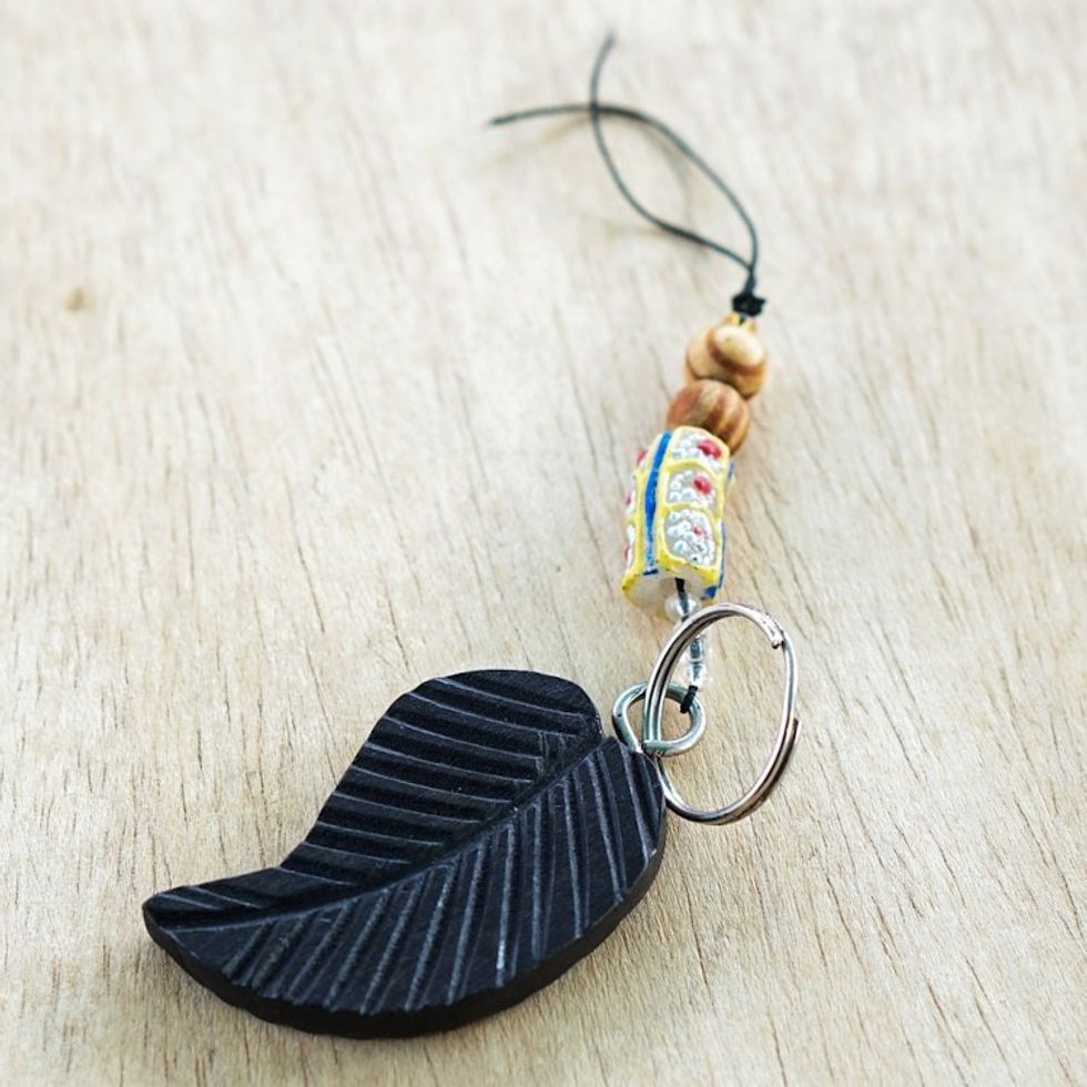 Hand-Crafted Recycled Glass Beaded Ebony Wood Leaf Keychain 'Chic Leaf'