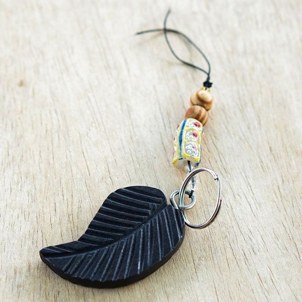 Alternate image for Hand-Crafted Recycled Glass Beaded Ebony Wood Leaf Keychain Chic Leaf