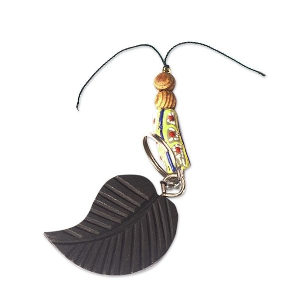 Alternate image for Hand-Crafted Recycled Glass Beaded Ebony Wood Leaf Keychain Chic Leaf