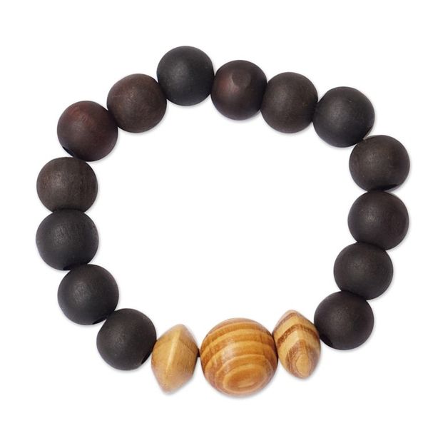 Alternate image for Black and Brown Sese Wood Beaded Stretch Bracelet from Ghana Forest Contrast