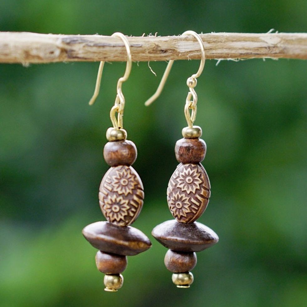 Floral Sese Wood Beaded Dangle Earrings from Ghana 'Wooden Garden'