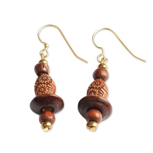 Alternate image for Floral Sese Wood Beaded Dangle Earrings from Ghana Wooden Garden