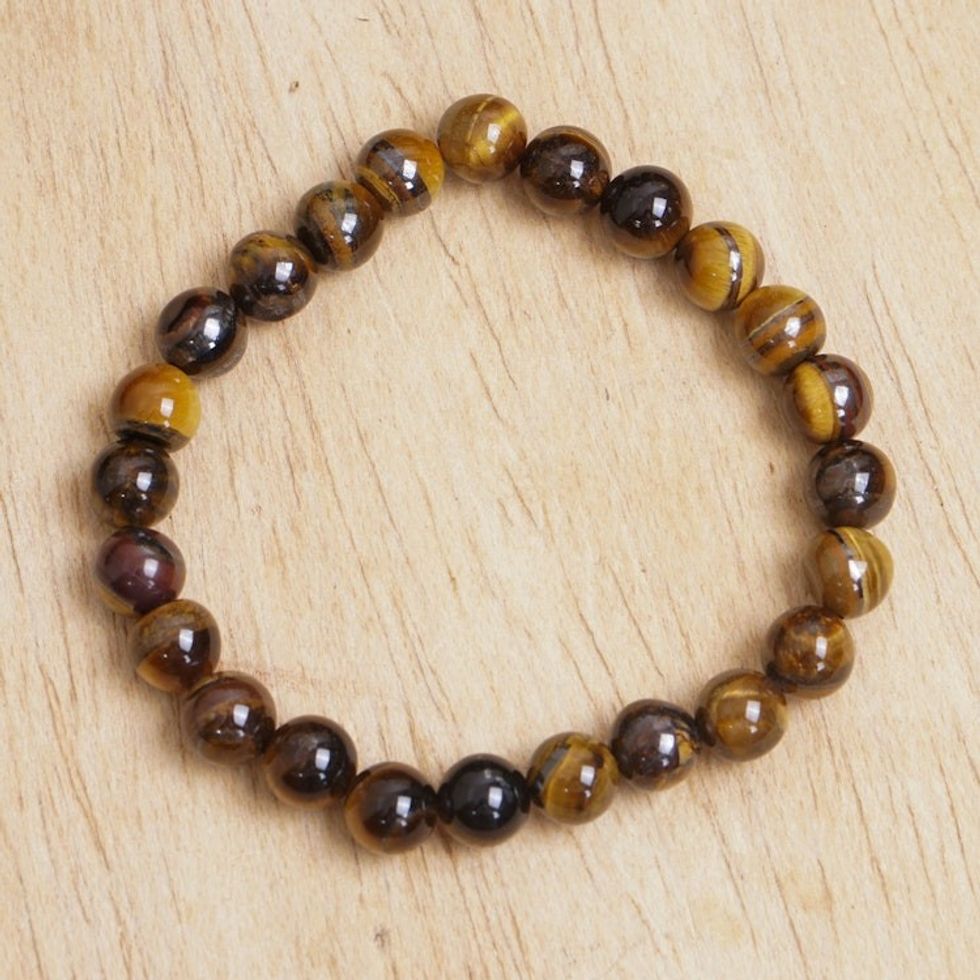 Handcrafted Tiger's Eye Beaded Stretch Bracelet from Ghana 'Golden Light'