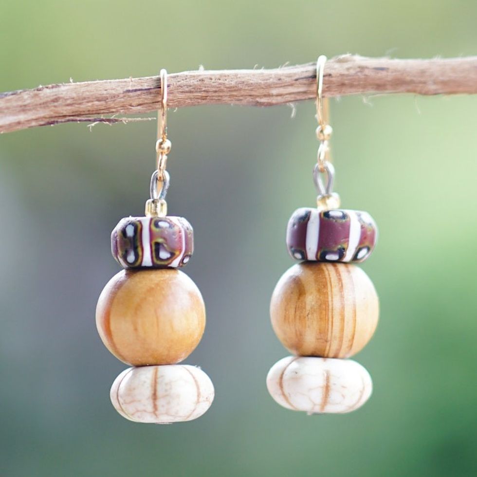 Eco-Friendly Recycled Glass and Wood Beaded Dangle Earrings 'Dzika'
