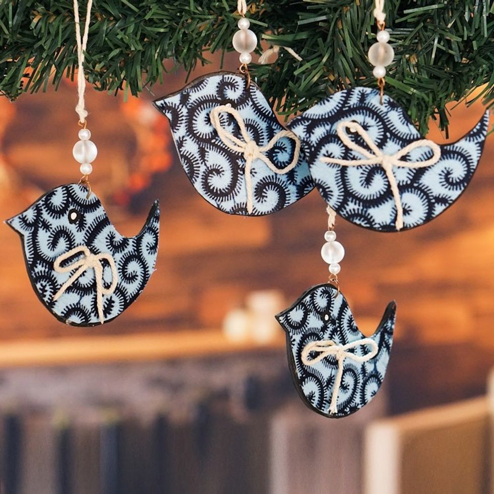 Set of 4 Handcrafted Blue Cotton Bird Ornaments from Ghana 'Blue Loofolo'